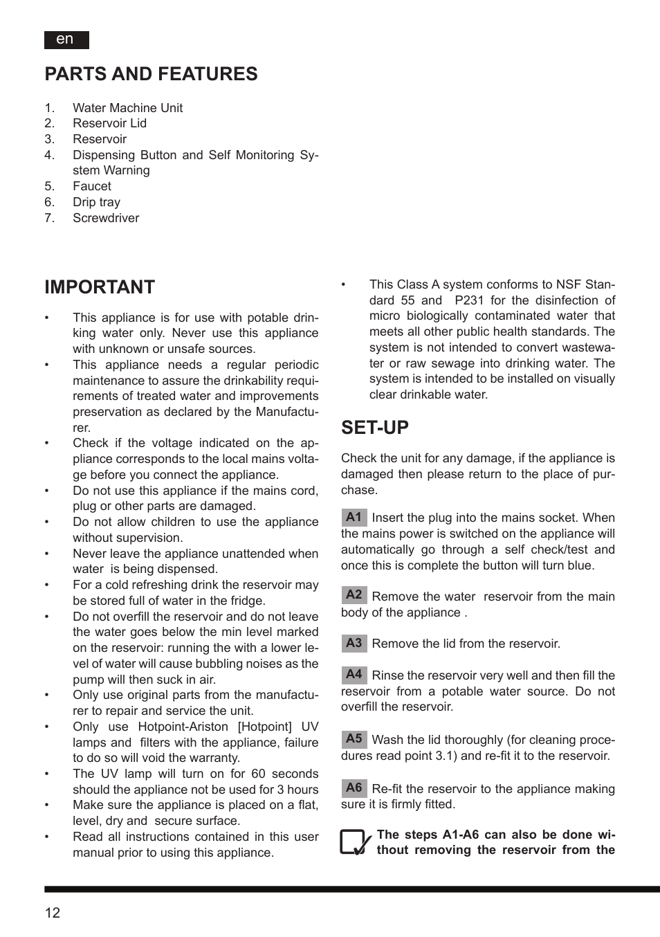 Parts and features, Important, Set-up | Hotpoint Ariston CT NTC IX2 User Manual | Page 10 / 61