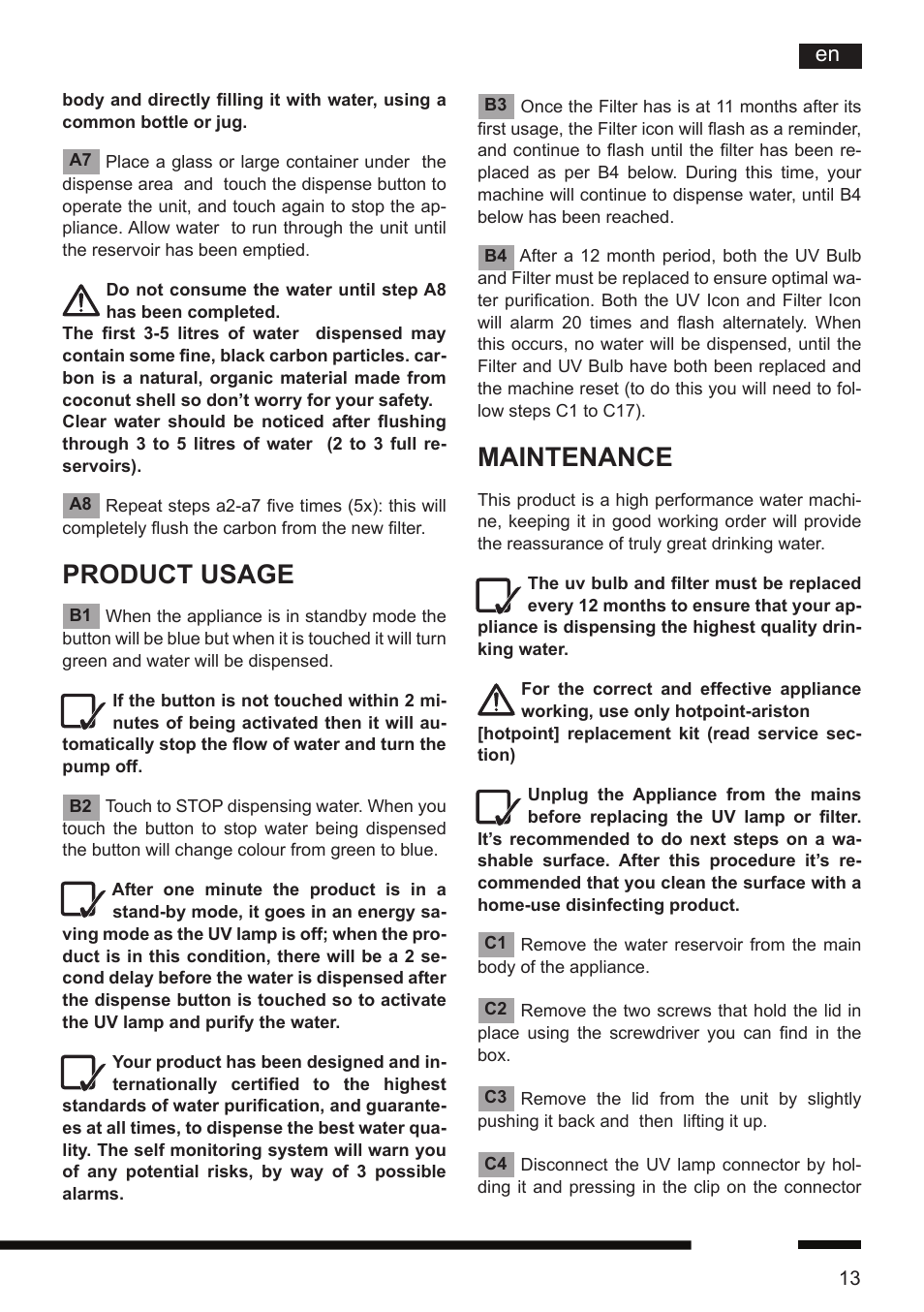 Product usage, Maintenance | Hotpoint Ariston CT NTC IX2 User Manual | Page 11 / 61