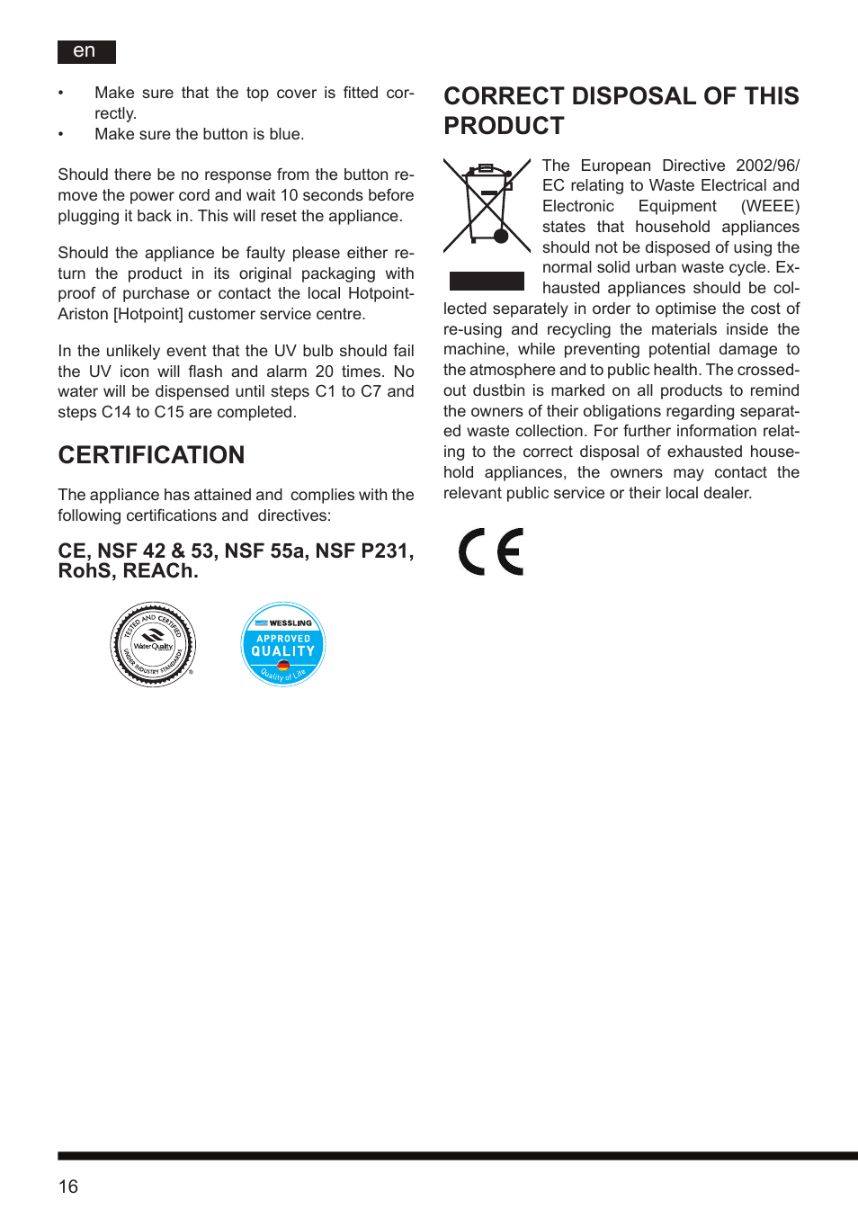 Certification, Correct disposal of this product | Hotpoint Ariston CT NTC IX2 User Manual | Page 14 / 61