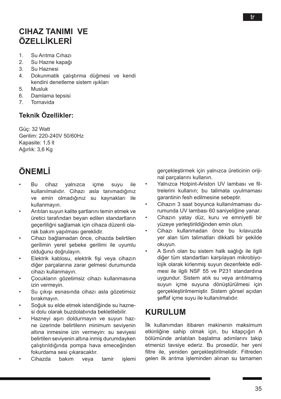 Cihaz tanimi ve özellikleri, Önemli, Kurulum | Teknik özellikler | Hotpoint Ariston CT NTC IX2 User Manual | Page 33 / 61