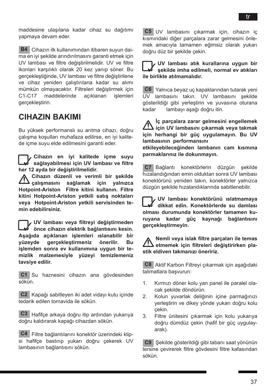 Cihazin bakimi | Hotpoint Ariston CT NTC IX2 User Manual | Page 35 / 61