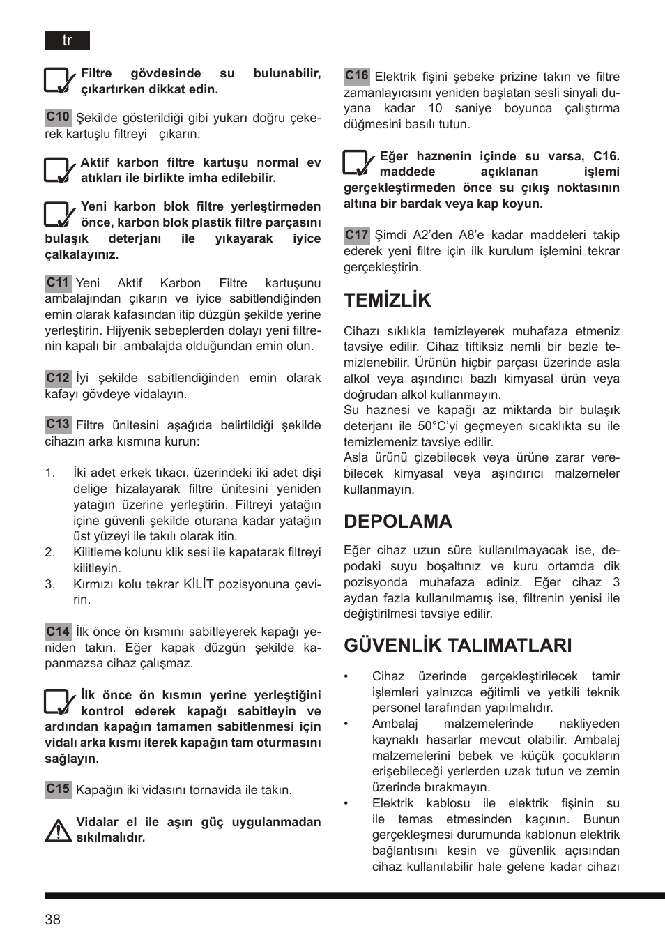 Temizlik, Depolama, Güvenlik talimatlari | Hotpoint Ariston CT NTC IX2 User Manual | Page 36 / 61