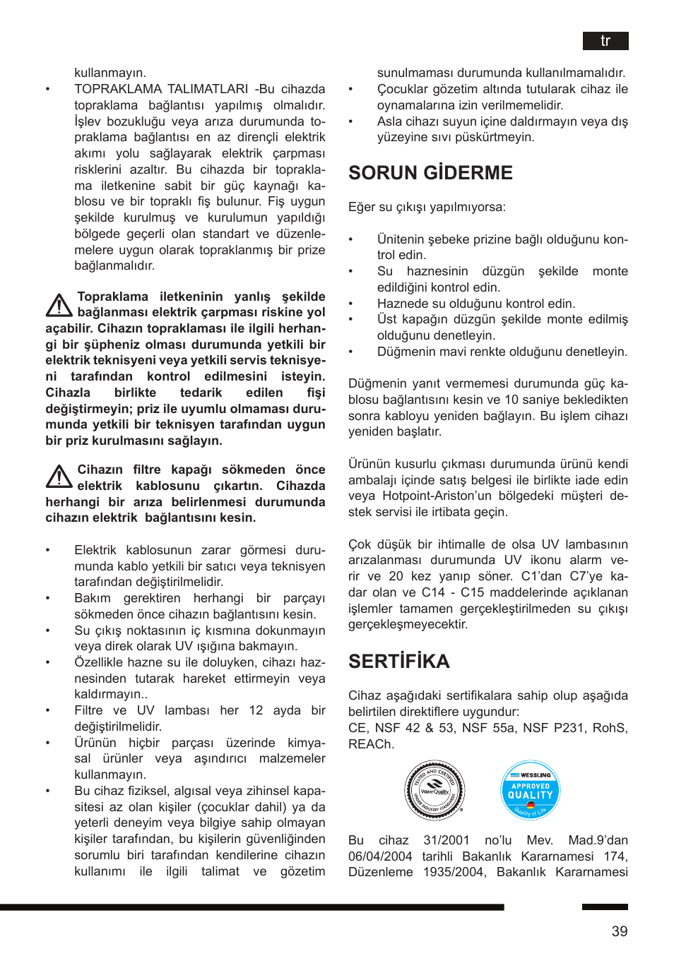 Sorun giderme, Sertifika | Hotpoint Ariston CT NTC IX2 User Manual | Page 37 / 61