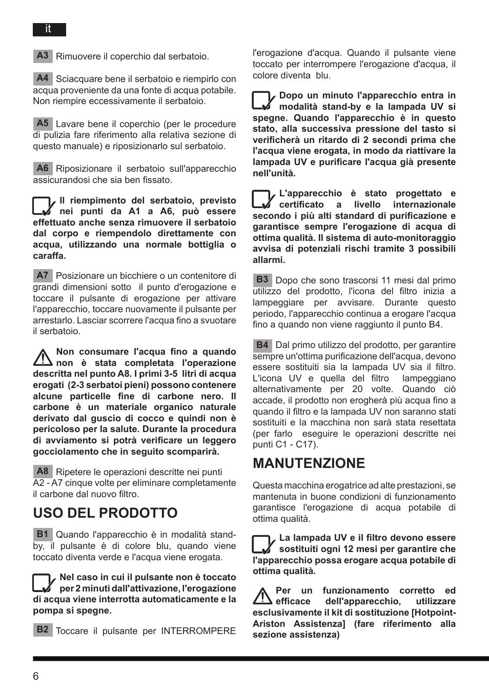 Uso del prodotto, Manutenzione | Hotpoint Ariston CT NTC IX2 User Manual | Page 4 / 61