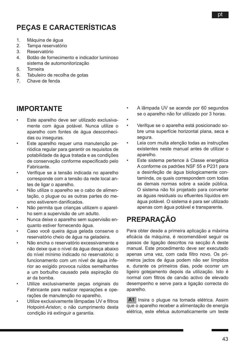 Peças e características, Importante, Preparação | Hotpoint Ariston CT NTC IX2 User Manual | Page 41 / 61