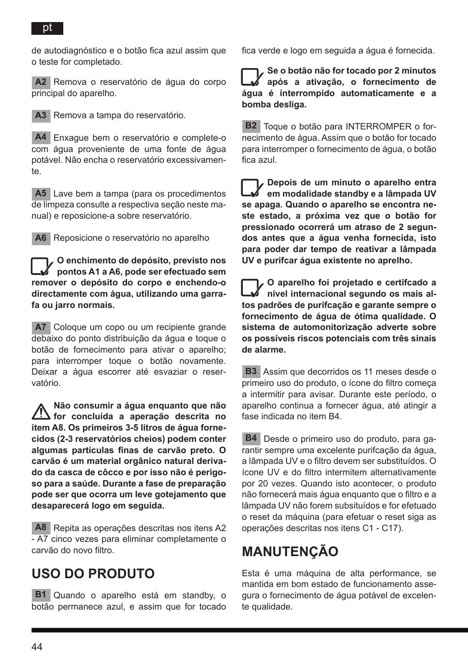 Uso do produto, Manutenção | Hotpoint Ariston CT NTC IX2 User Manual | Page 42 / 61