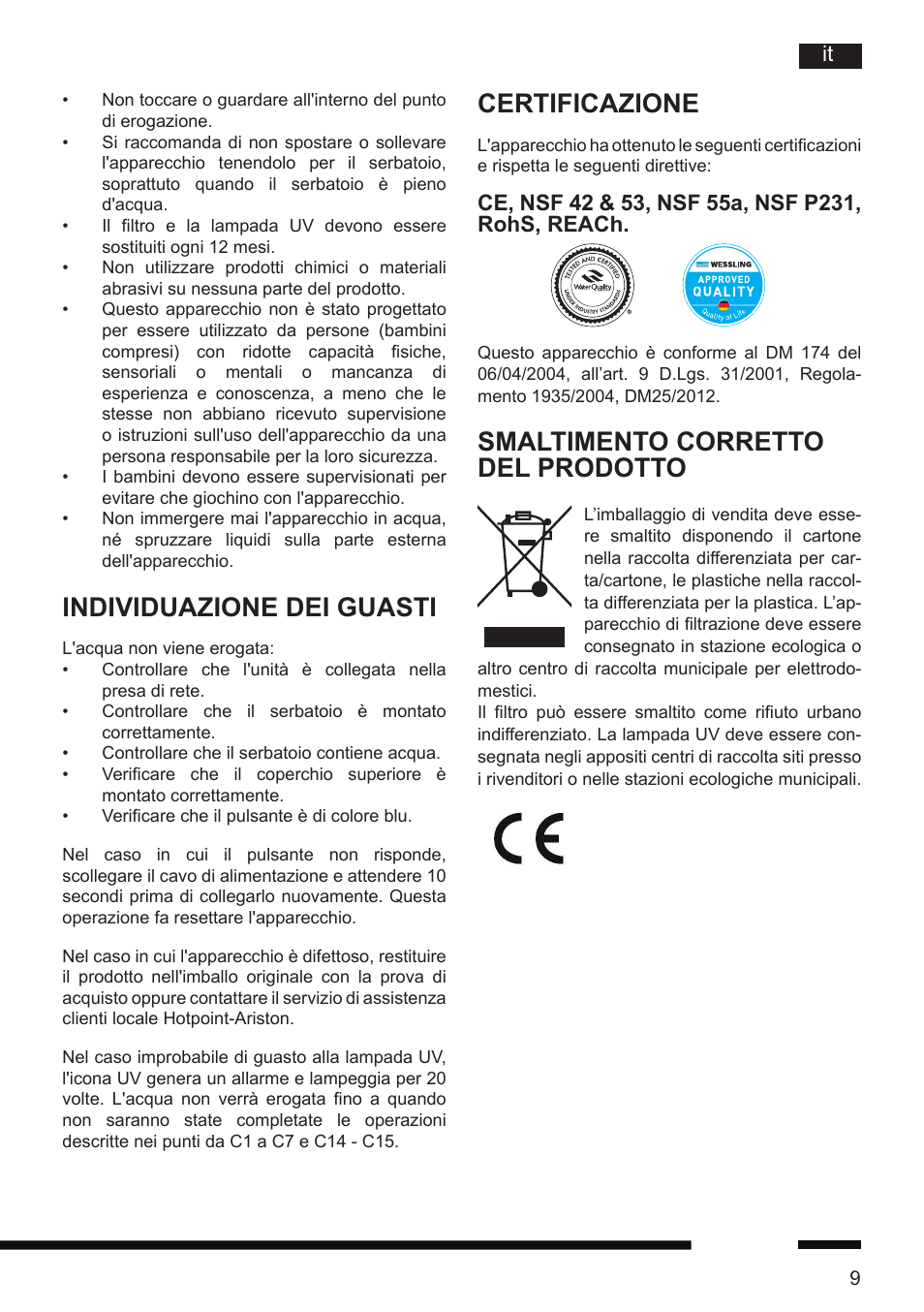 Individuazione dei guasti, Certificazione, Smaltimento corretto del prodotto | Hotpoint Ariston CT NTC IX2 User Manual | Page 7 / 61