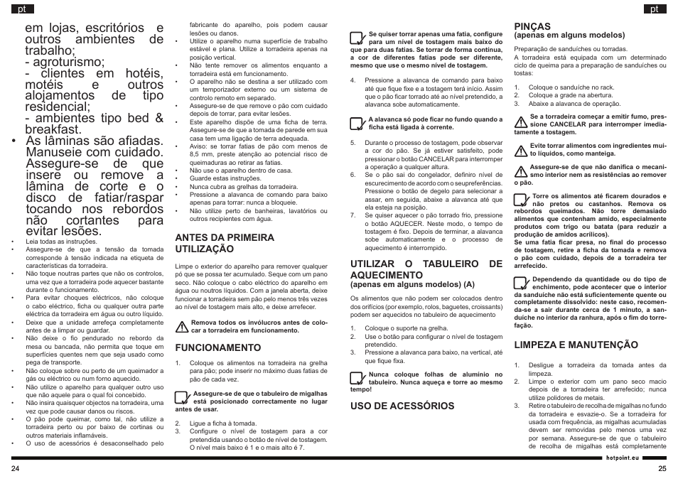 Antes da primeira utilização, Funcionamento, Utilizar o tabuleiro de aquecimento | Uso de acessórios pinças, Limpeza e manutenção | Hotpoint Ariston TT 22M DSL0 User Manual | Page 13 / 20