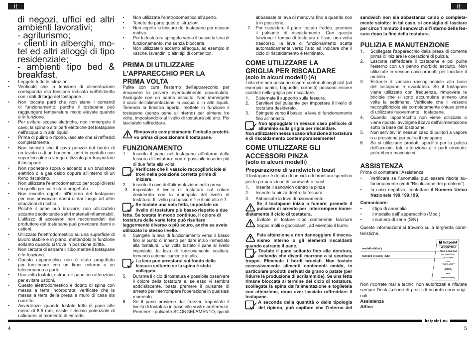 Funzionamento, Come utilizzare la griglia per riscaldare, Come utilizzare gli accessori pinza | Pulizia e manutenzione, Assistenza | Hotpoint Ariston TT 22M DSL0 User Manual | Page 3 / 20