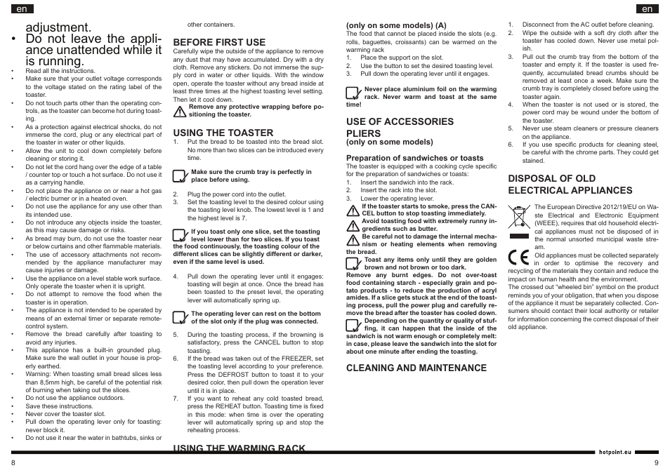 It en en, Before first use, Using the toaster | Using the warming rack, Use of accessories pliers, Cleaning and maintenance, Disposal of old electrical appliances | Hotpoint Ariston TT 22M DSL0 User Manual | Page 5 / 20