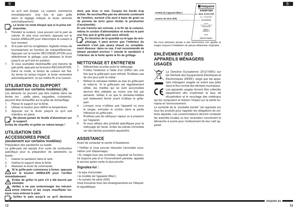 Utilisation du support, Utilisation des accessoires pince, Nettoyage et entretien | Assistance, Enlèvement des appareils ménagers usagés | Hotpoint Ariston TT 22M DSL0 User Manual | Page 7 / 20