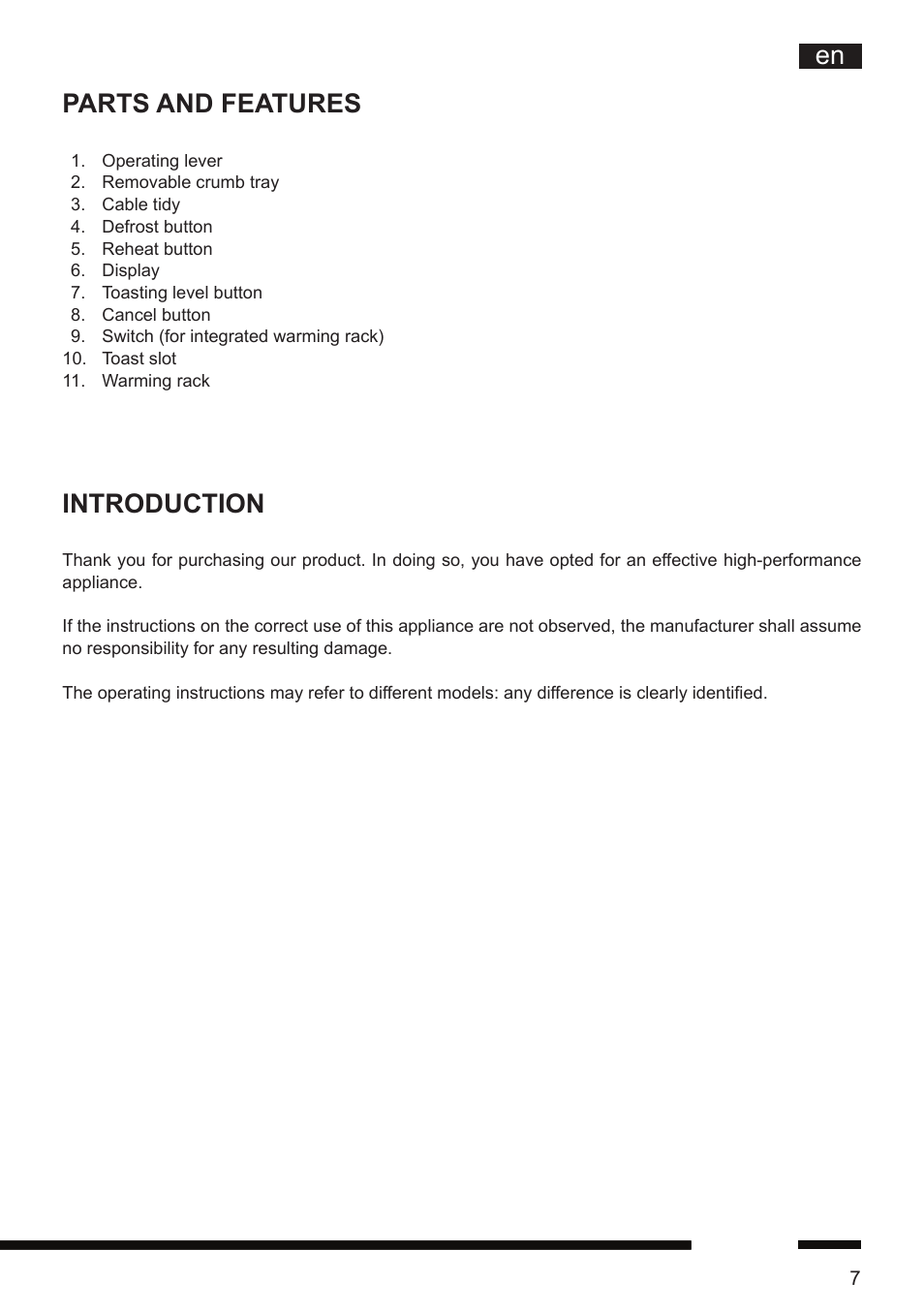 Parts and features, Introduction | Hotpoint Ariston TT 12E AR0 User Manual | Page 11 / 38