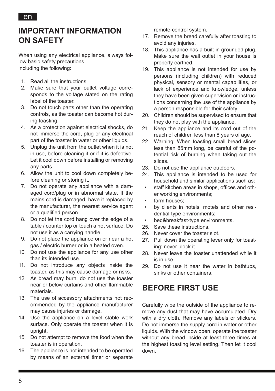 Before first use, Important information on safety | Hotpoint Ariston TT 12E AR0 User Manual | Page 12 / 38