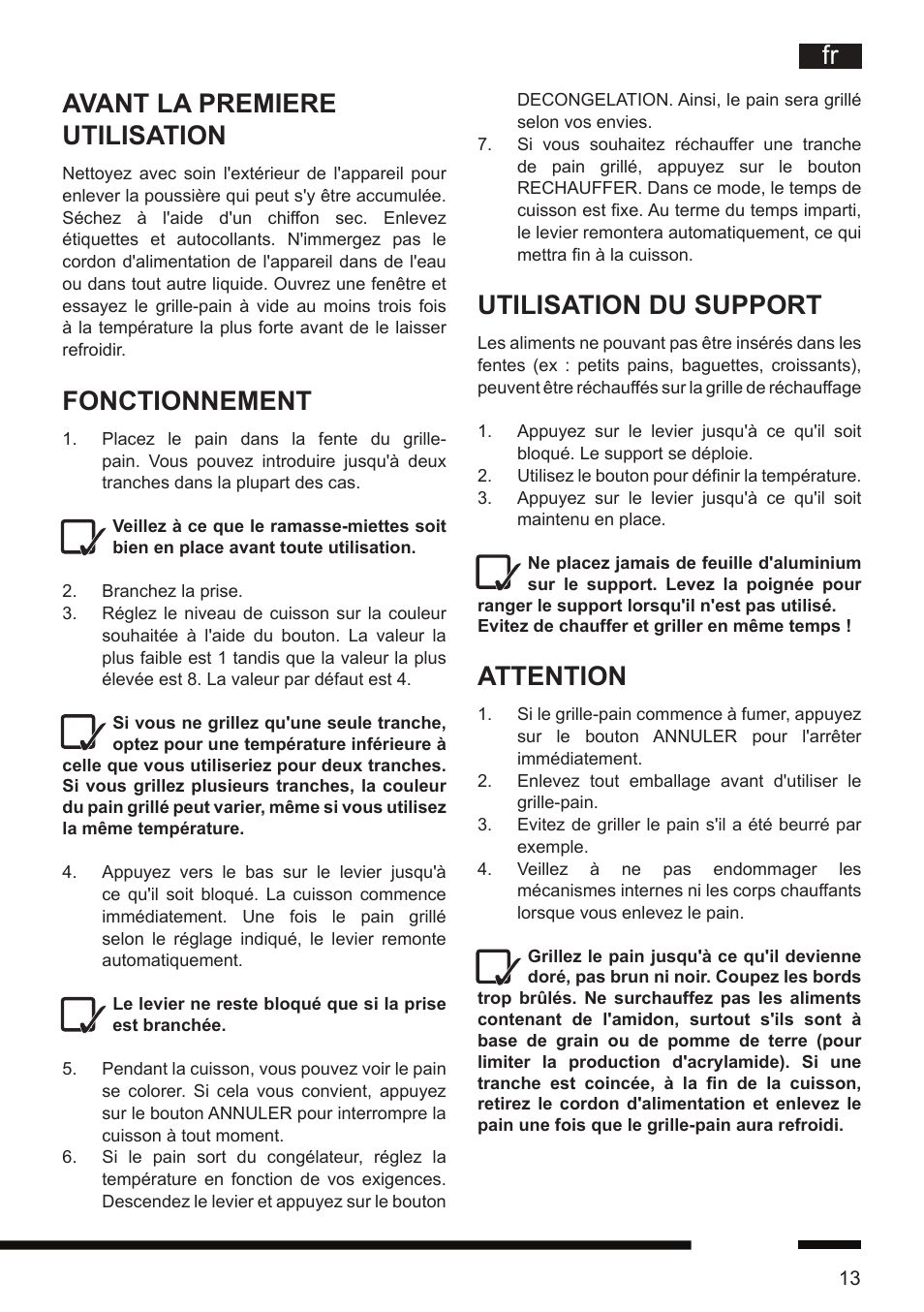Fr avant la premiere utilisation, Fonctionnement, Utilisation du support | Attention | Hotpoint Ariston TT 12E AR0 User Manual | Page 17 / 38