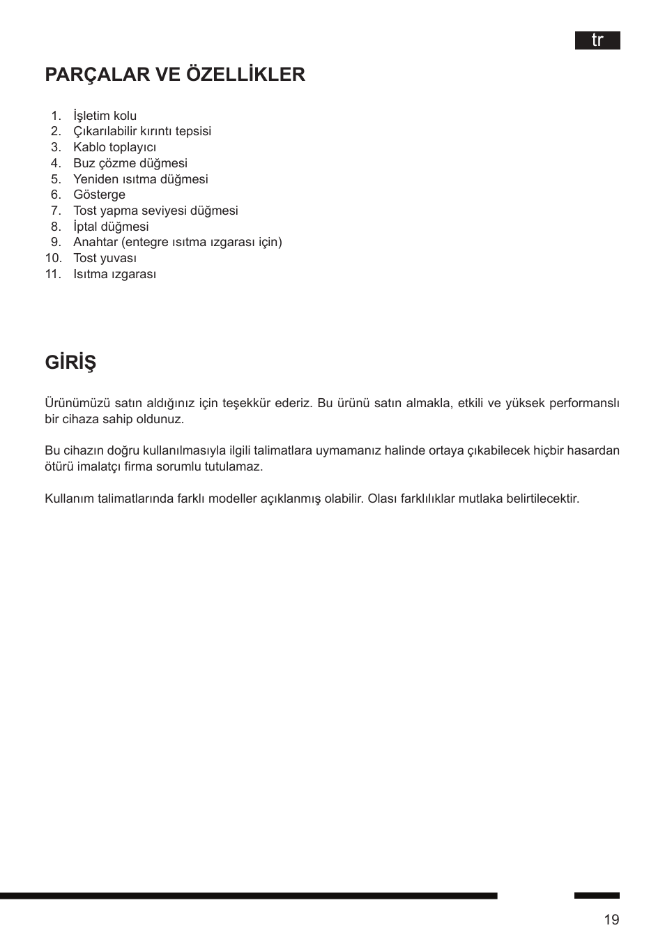 Tr parçalar ve özellikler, Giriş | Hotpoint Ariston TT 12E AR0 User Manual | Page 23 / 38