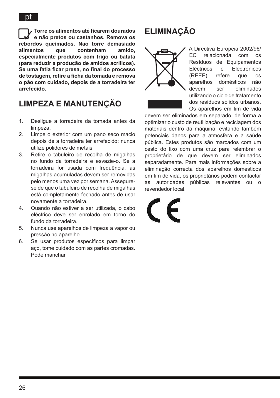 Limpeza e manutenção, Eliminação | Hotpoint Ariston TT 12E AR0 User Manual | Page 30 / 38