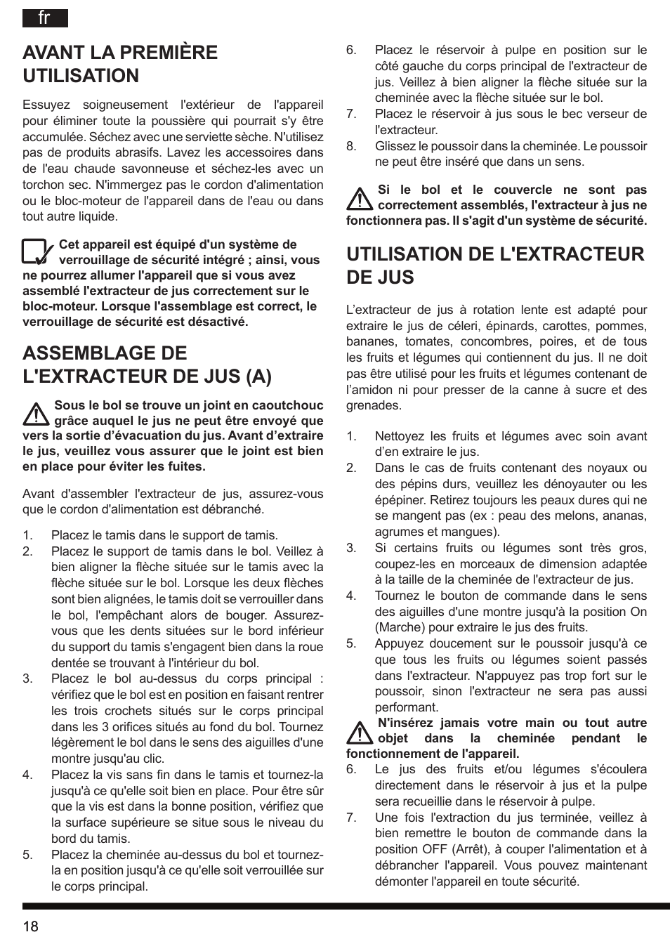 Fr avant la première utilisation, Assemblage de l'extracteur de jus (a), Utilisation de l'extracteur de jus | Hotpoint Ariston SJ 4010 FSL0 User Manual | Page 18 / 64