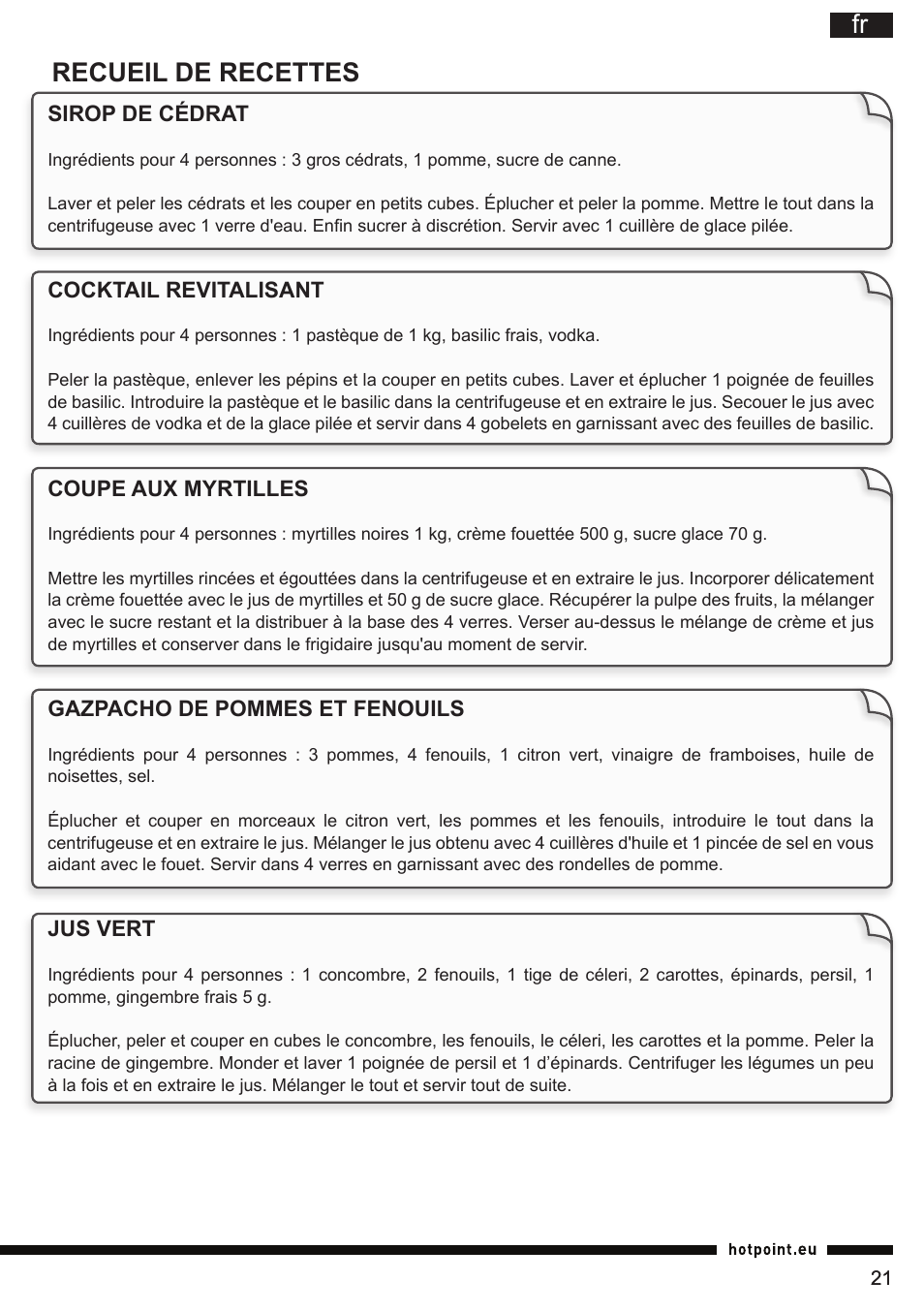 Fr recueil de recettes | Hotpoint Ariston SJ 4010 FSL0 User Manual | Page 21 / 64