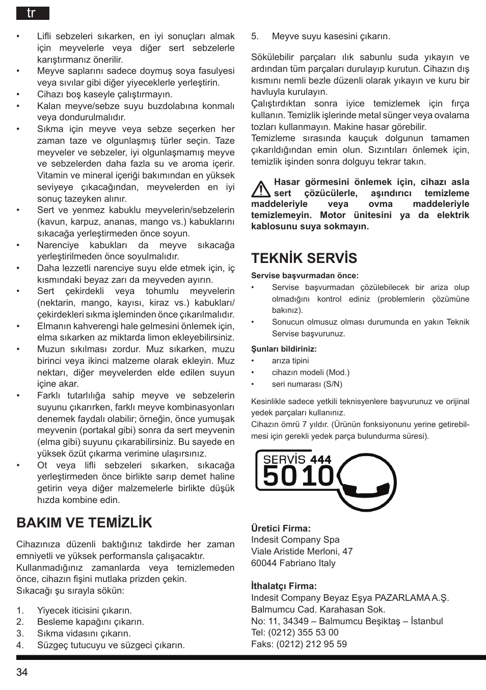 Bakim ve temizlik, Teknik servis | Hotpoint Ariston SJ 4010 FSL0 User Manual | Page 34 / 64