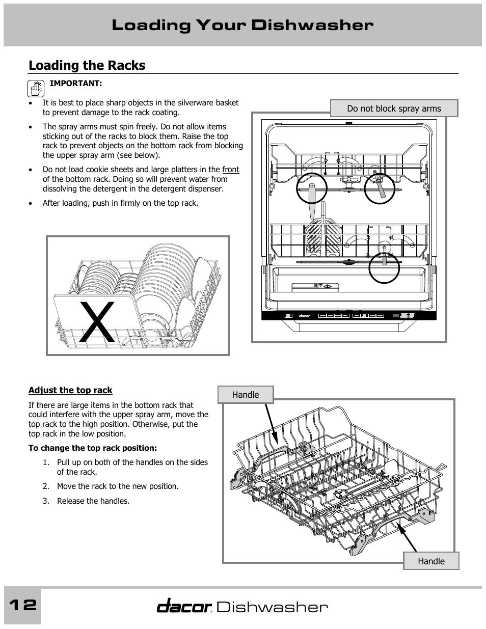 Loading your dishwasher 12, Dishwasher | Dacor 65537 User Manual | Page 12 / 32