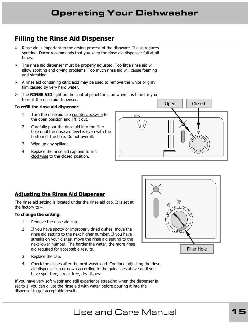 Operating your dishwasher 15 use and care manual, Filling the rinse aid dispenser, Adjusting the rinse aid dispenser | Dacor 65537 User Manual | Page 15 / 32