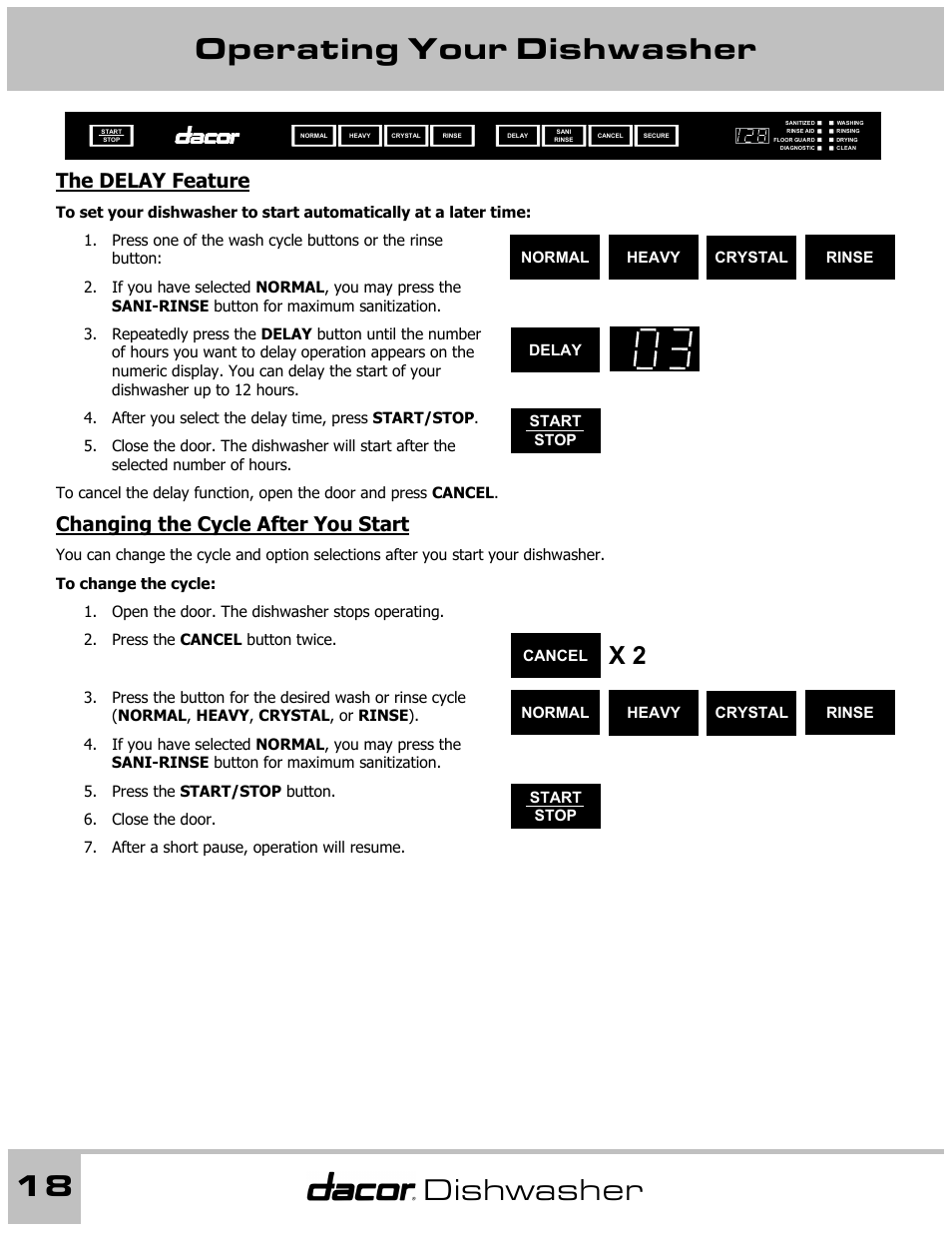 Operating your dishwasher 18, Dishwasher, The delay feature | Changing the cycle after you start | Dacor 65537 User Manual | Page 18 / 32