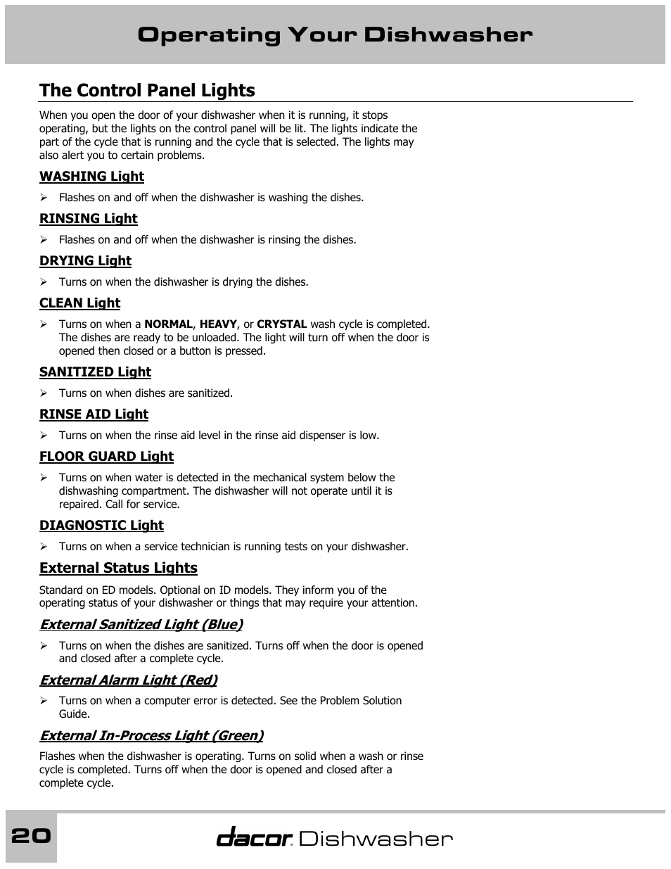 Operating your dishwasher 20, Dishwasher, The control panel lights | Dacor 65537 User Manual | Page 20 / 32