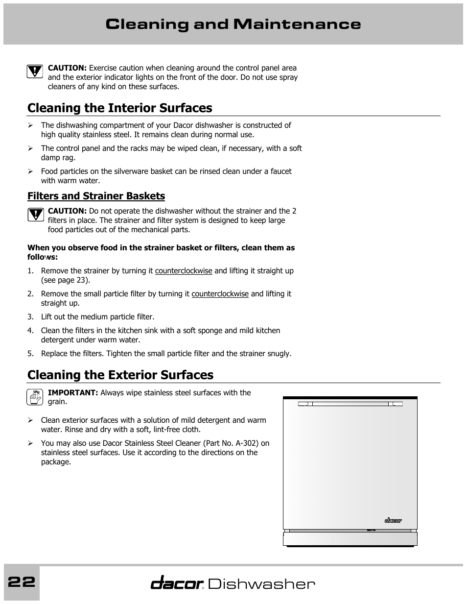 Cleaning and maintenance 22, Dishwasher, Cleaning the interior surfaces | Cleaning the exterior surfaces | Dacor 65537 User Manual | Page 22 / 32