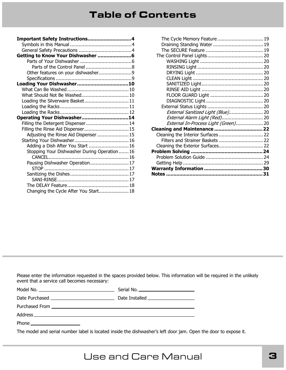 Table of contents 3 use and care manual | Dacor 65537 User Manual | Page 3 / 32