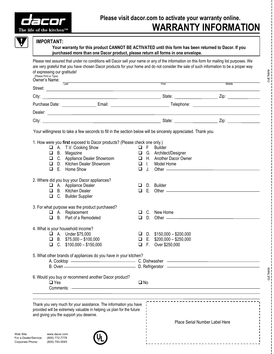 Warranty information | Dacor 65537 User Manual | Page 32 / 32