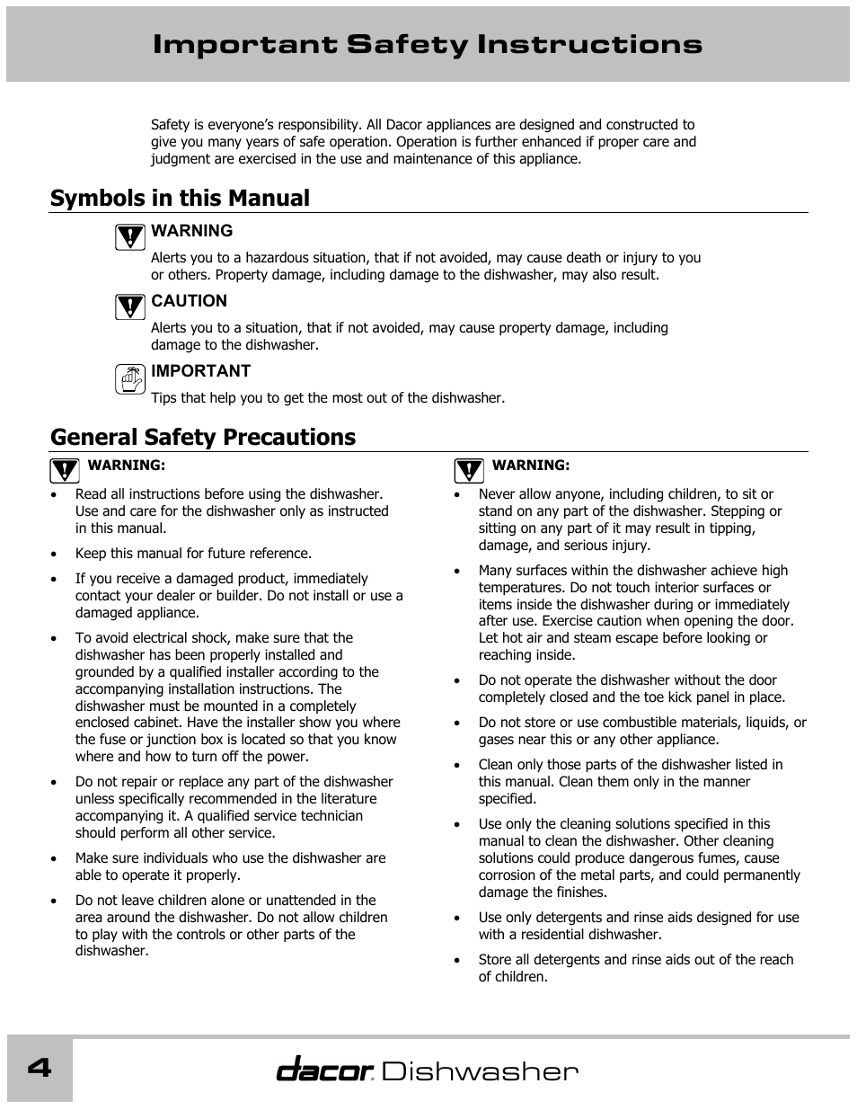 Important safety instructions 4, Dishwasher, Symbols in this manual | General safety precautions | Dacor 65537 User Manual | Page 4 / 32