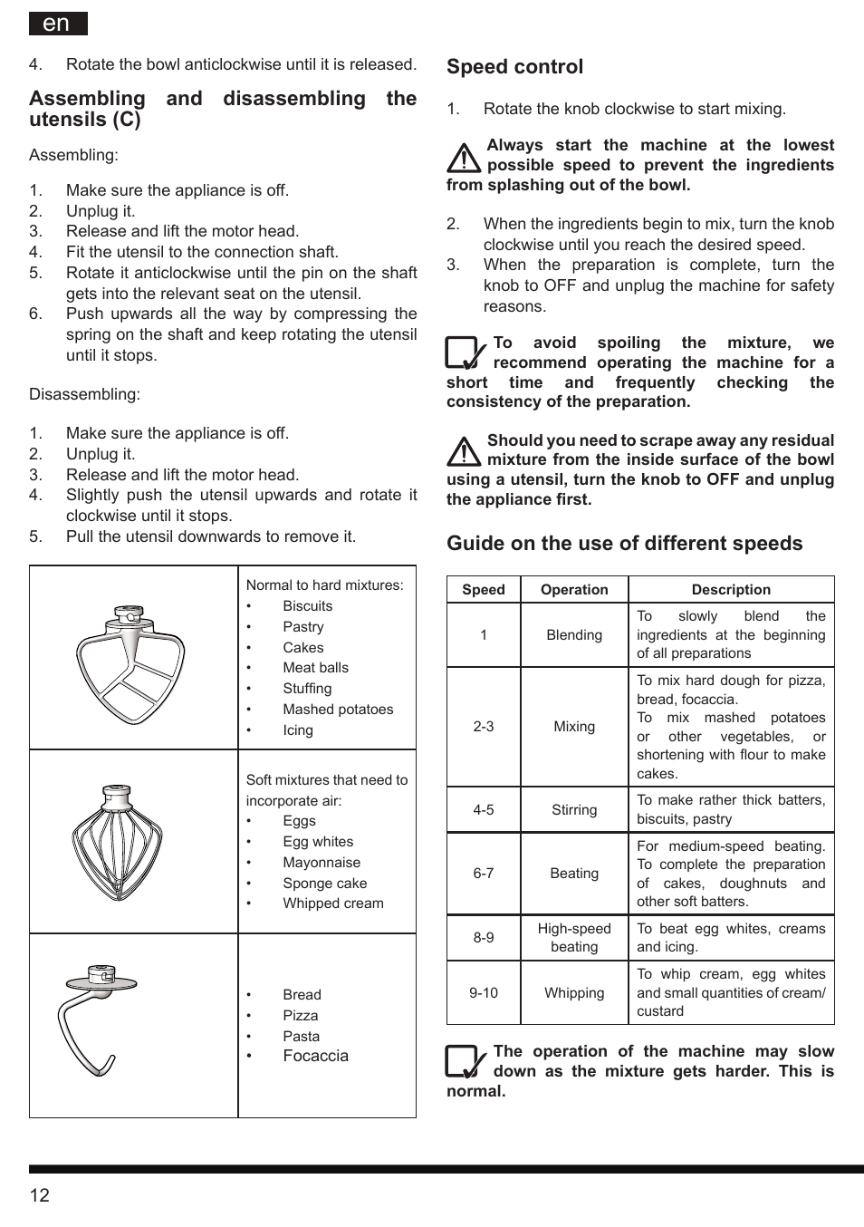 It en, Speed control, Guide on the use of different speeds | Assembling and disassembling the utensils (c) | Hotpoint Ariston KM 040 AX0 User Manual | Page 12 / 52