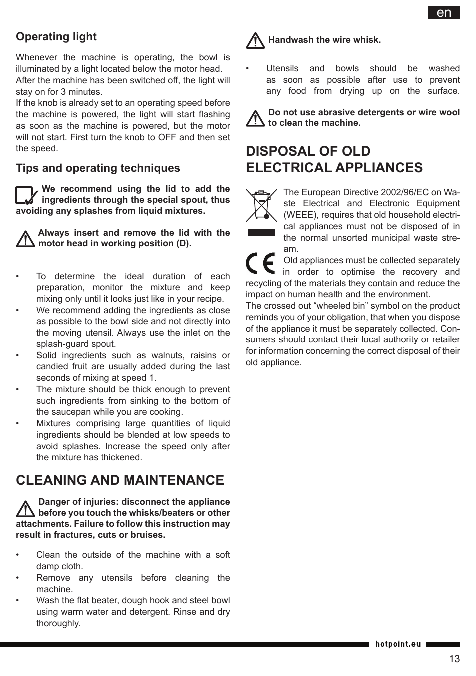It en, Cleaning and maintenance, Disposal of old electrical appliances | Hotpoint Ariston KM 040 AX0 User Manual | Page 13 / 52