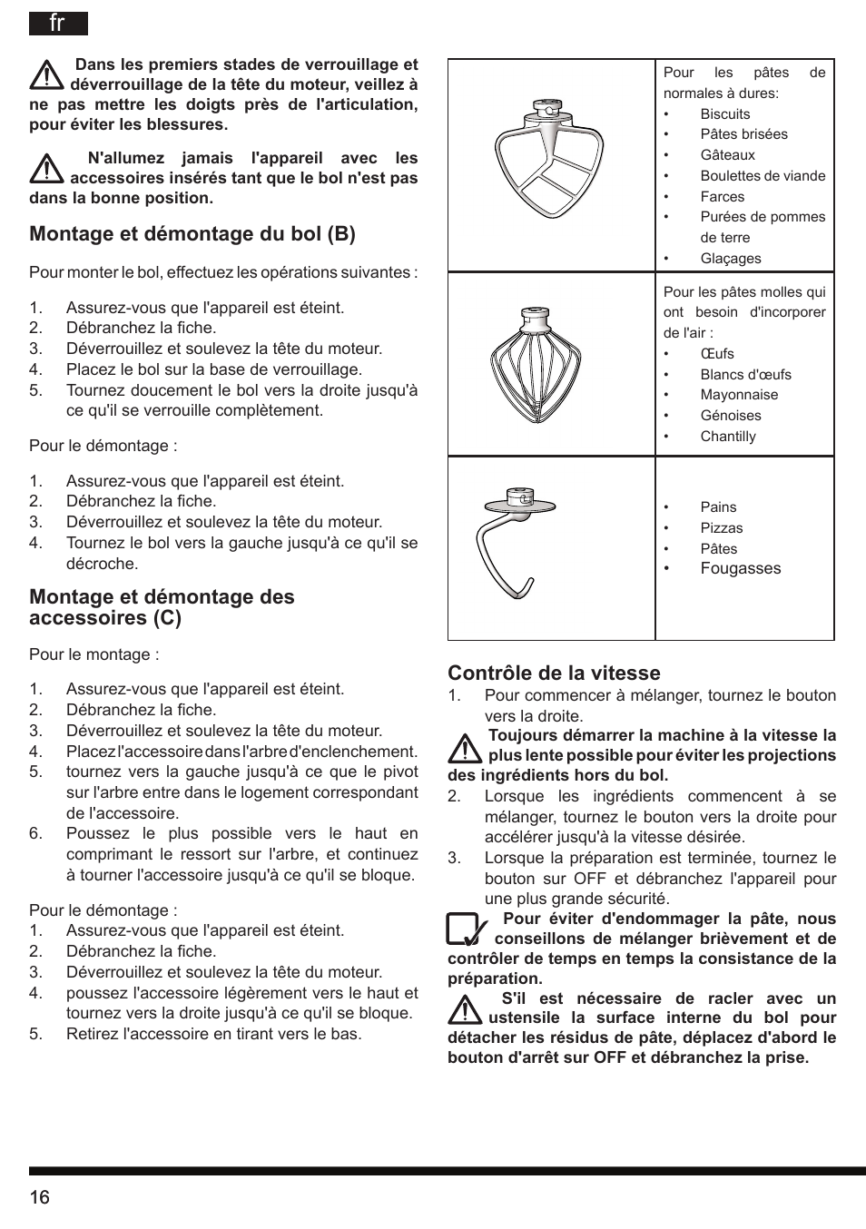 Montage et démontage du bol (b), Montage et démontage des accessoires (c), Contrôle de la vitesse | Hotpoint Ariston KM 040 AX0 User Manual | Page 16 / 52