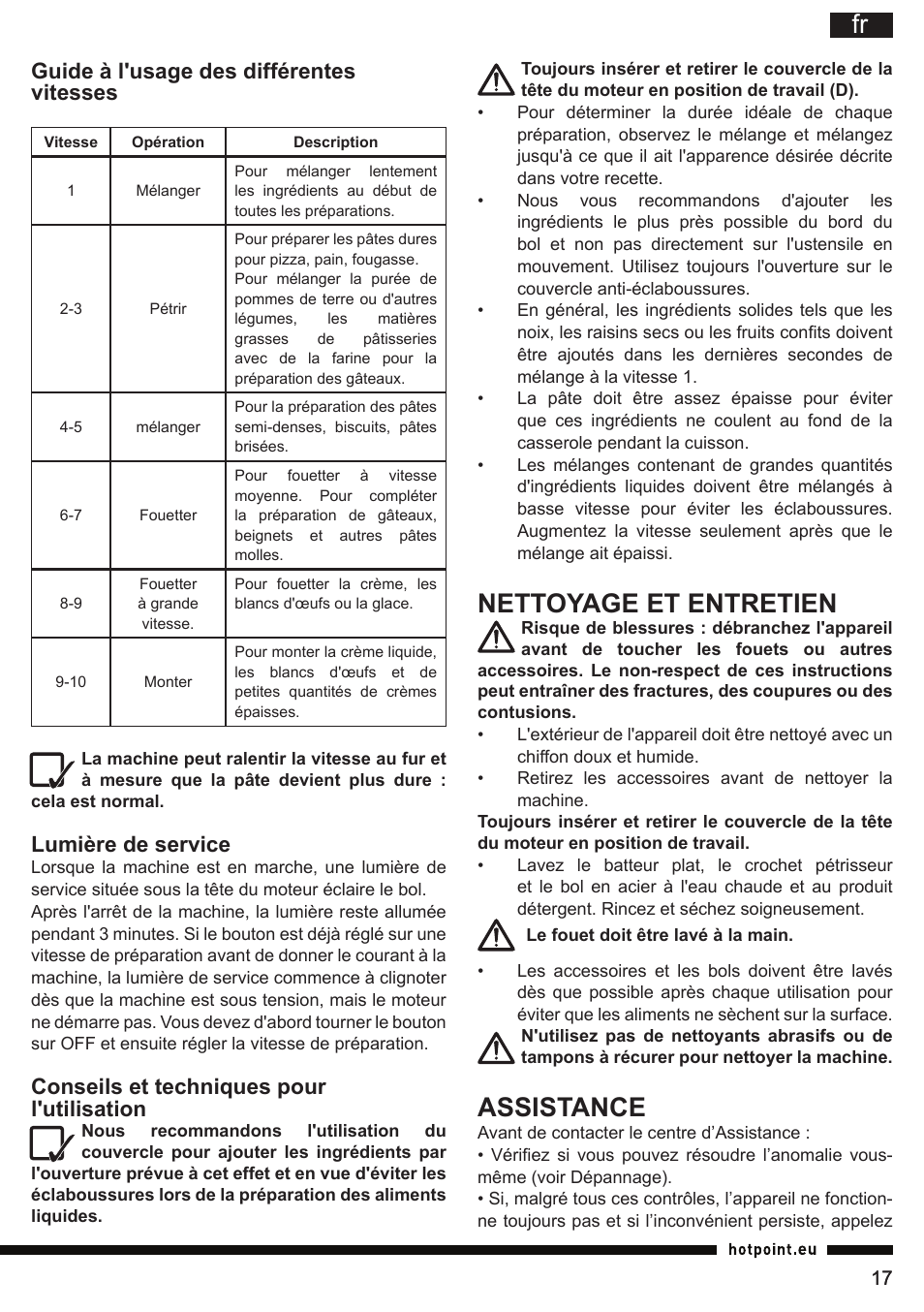 Nettoyage et entretien, Assistance, Guide à l'usage des différentes vitesses | Lumière de service, Conseils et techniques pour l'utilisation | Hotpoint Ariston KM 040 AX0 User Manual | Page 17 / 52