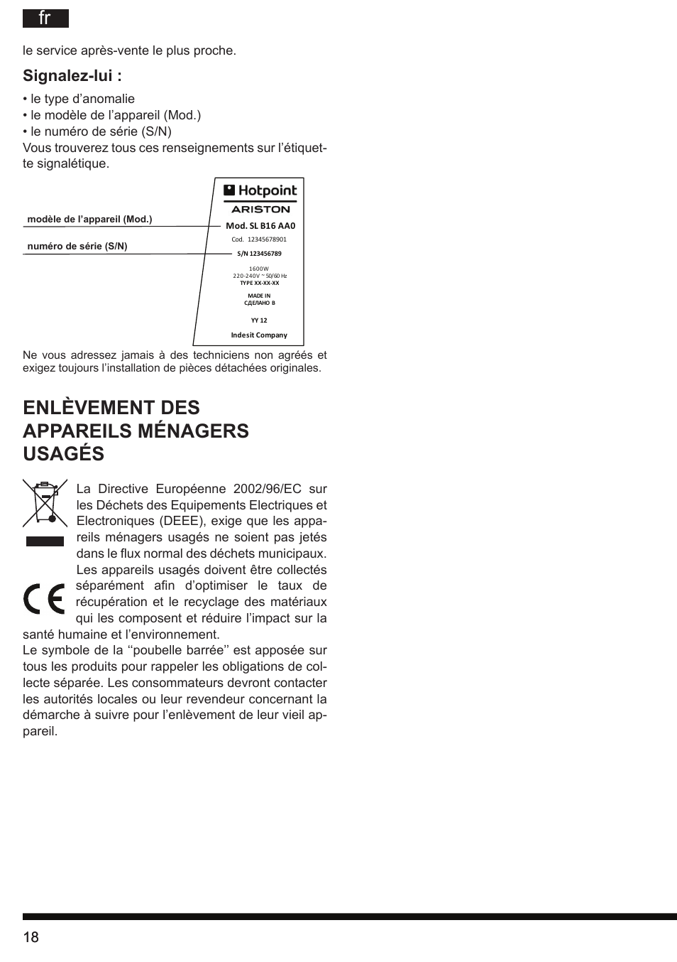 Enlèvement des appareils ménagers usagés, Signalez-lui | Hotpoint Ariston KM 040 AX0 User Manual | Page 18 / 52