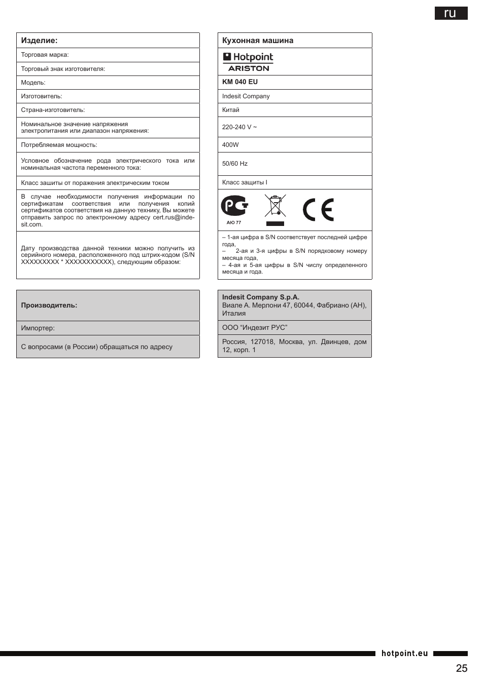 Hotpoint Ariston KM 040 AX0 User Manual | Page 25 / 52