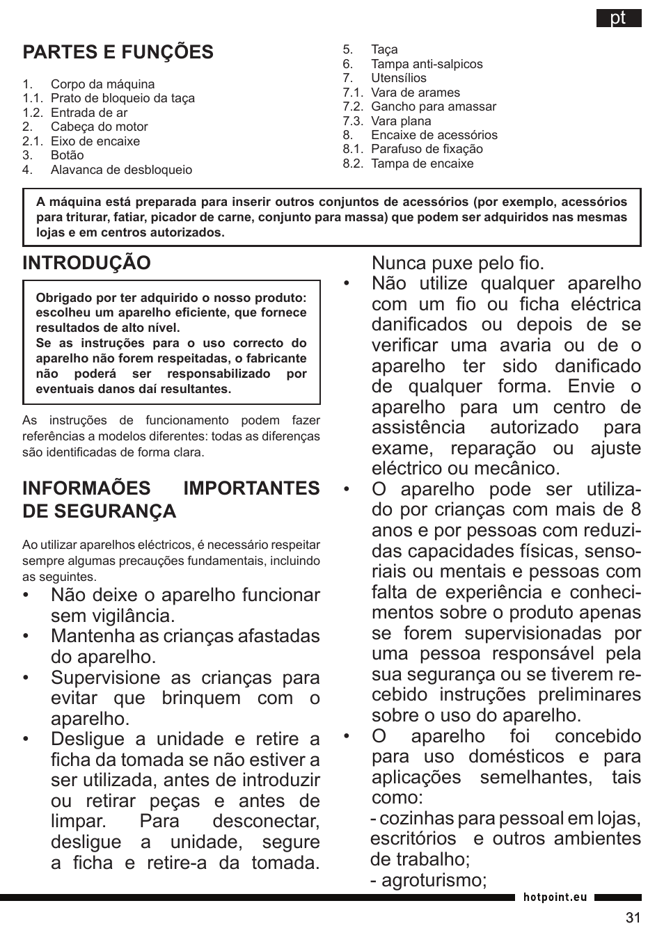 Introdução, Informaões importantes de segurança | Hotpoint Ariston KM 040 AX0 User Manual | Page 31 / 52