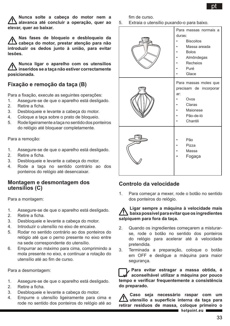 Fixação e remoção da taça (b), Montagem e desmontagem dos utensílios (c), Controlo da velocidade | Hotpoint Ariston KM 040 AX0 User Manual | Page 33 / 52