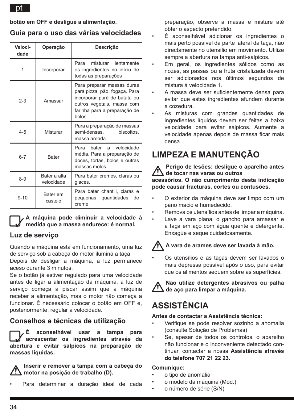 Limpeza e manutenção, Assistência, Guia para o uso das várias velocidades | Luz de serviço, Conselhos e técnicas de utilização | Hotpoint Ariston KM 040 AX0 User Manual | Page 34 / 52