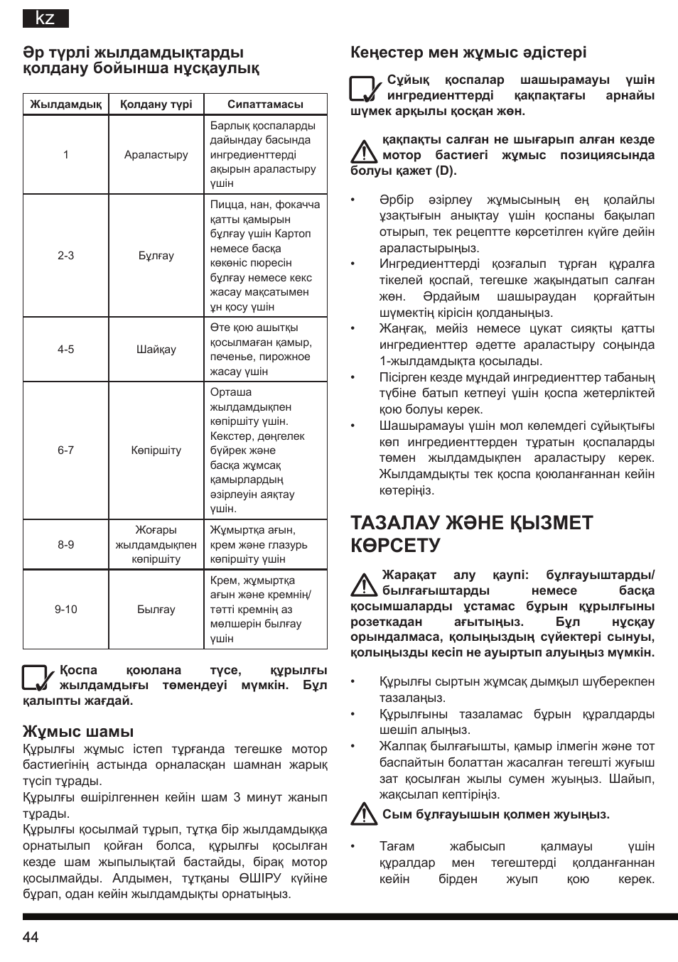 Тазалау және қызмет көрсету, Әр түрлі жылдамдықтарды қолдану бойынша нұсқаулық, Жұмыс шамы | Кеңестер мен жұмыс әдістері | Hotpoint Ariston KM 040 AX0 User Manual | Page 44 / 52