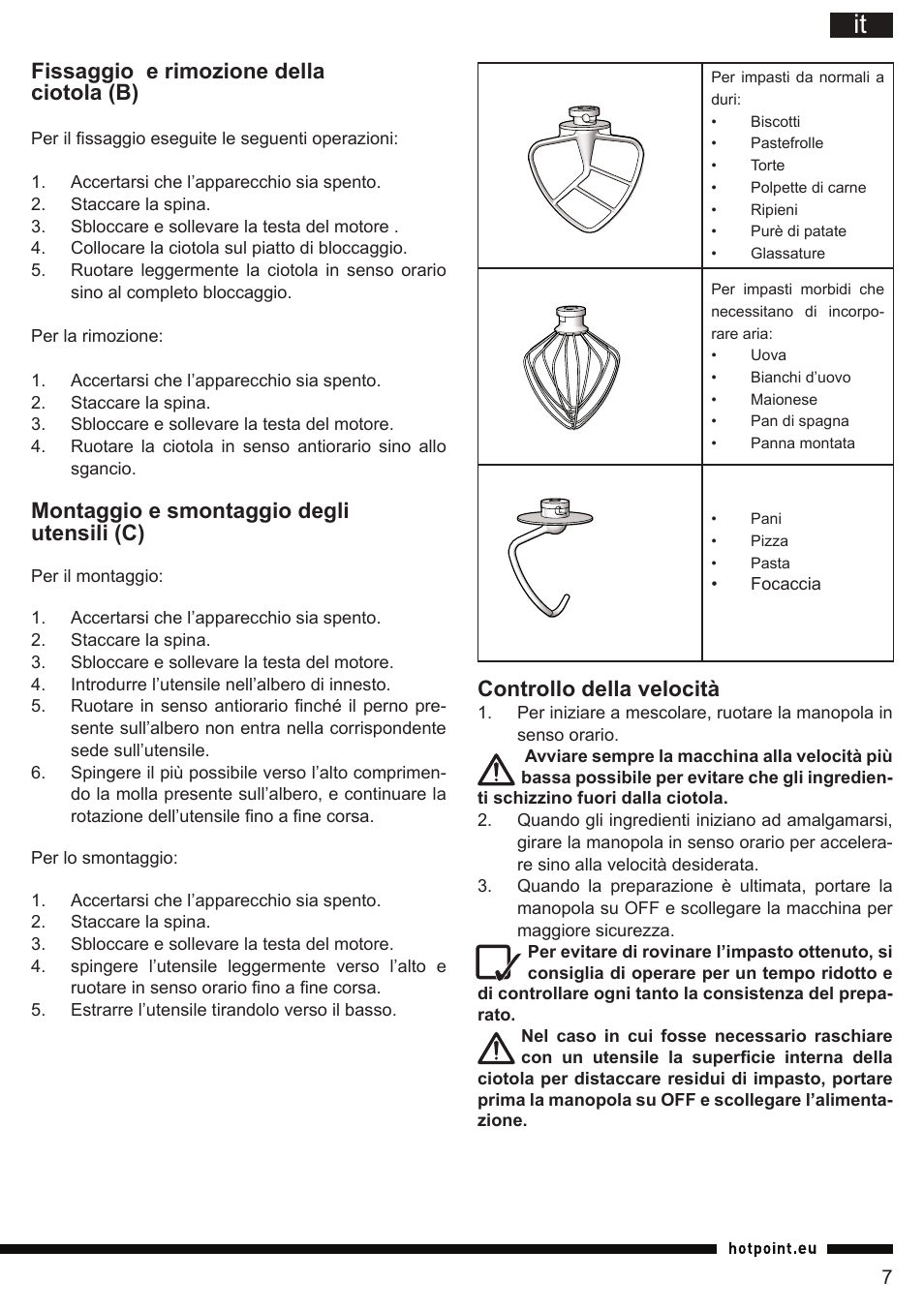 Fissaggio e rimozione della ciotola (b), Montaggio e smontaggio degli utensili (c), Controllo della velocità | Hotpoint Ariston KM 040 AX0 User Manual | Page 7 / 52