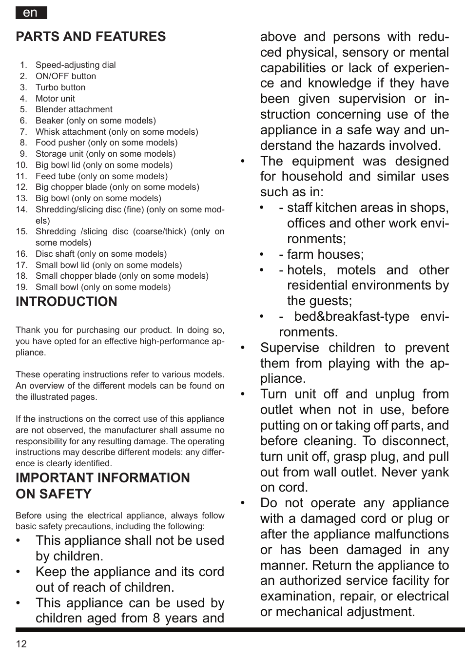 It en parts and features, Introduction, Important information on safety | Hotpoint Ariston HB 0705 AX0 User Manual | Page 12 / 52