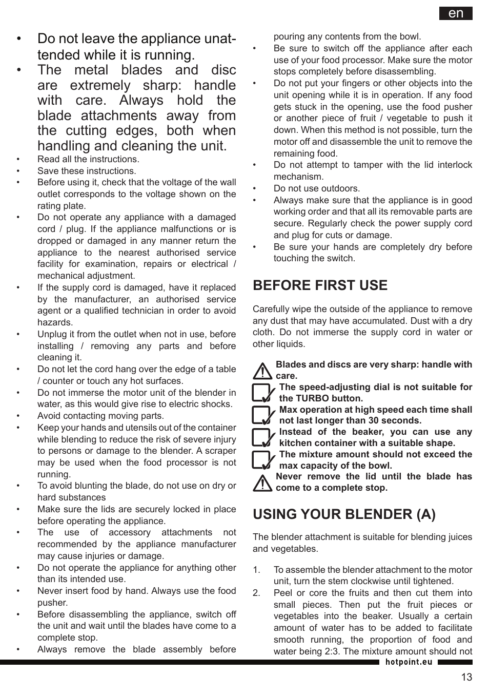 It en, Before first use, Using your blender (a) | Hotpoint Ariston HB 0705 AX0 User Manual | Page 13 / 52