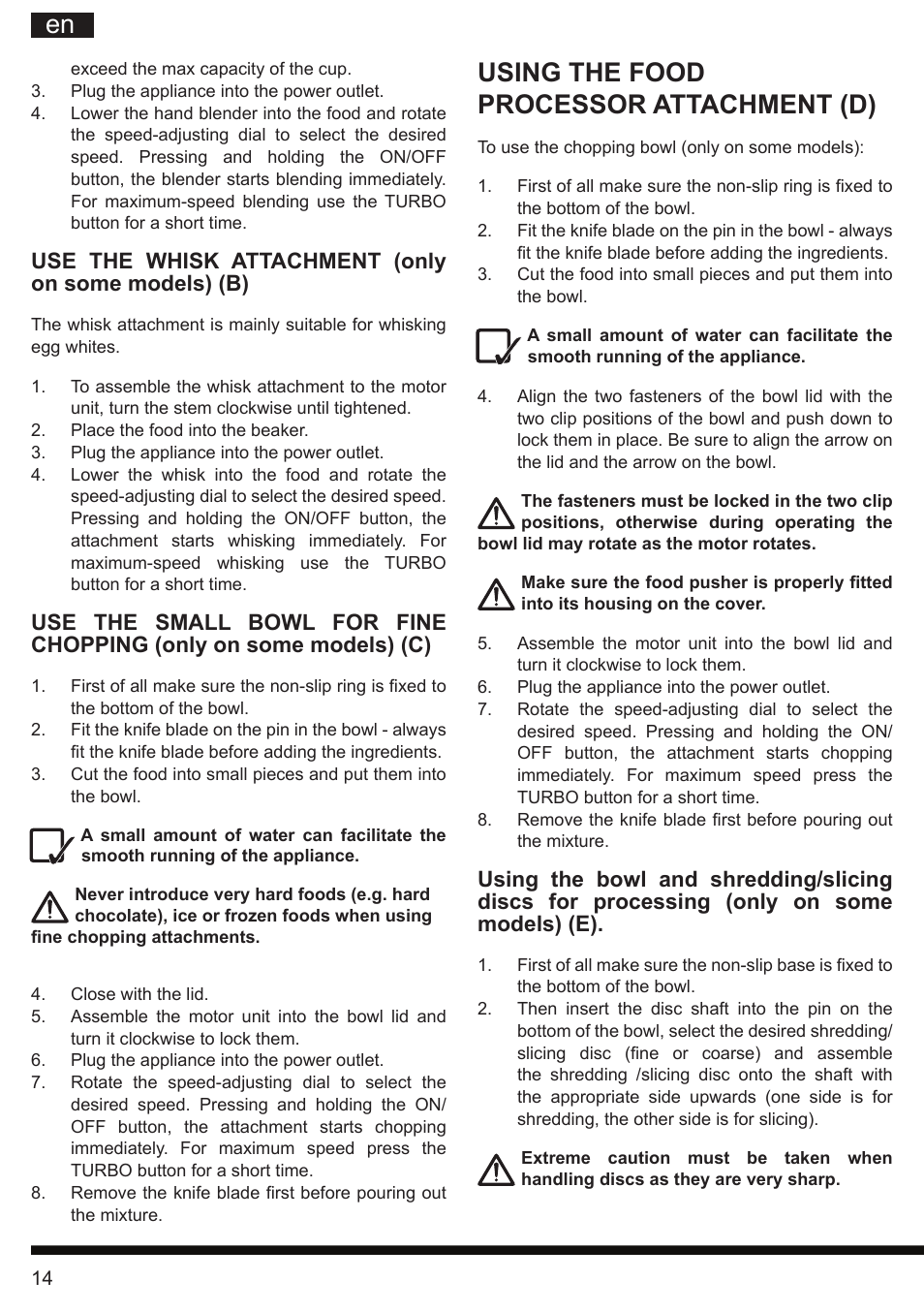 It en, Using the food processor attachment (d) | Hotpoint Ariston HB 0705 AX0 User Manual | Page 14 / 52