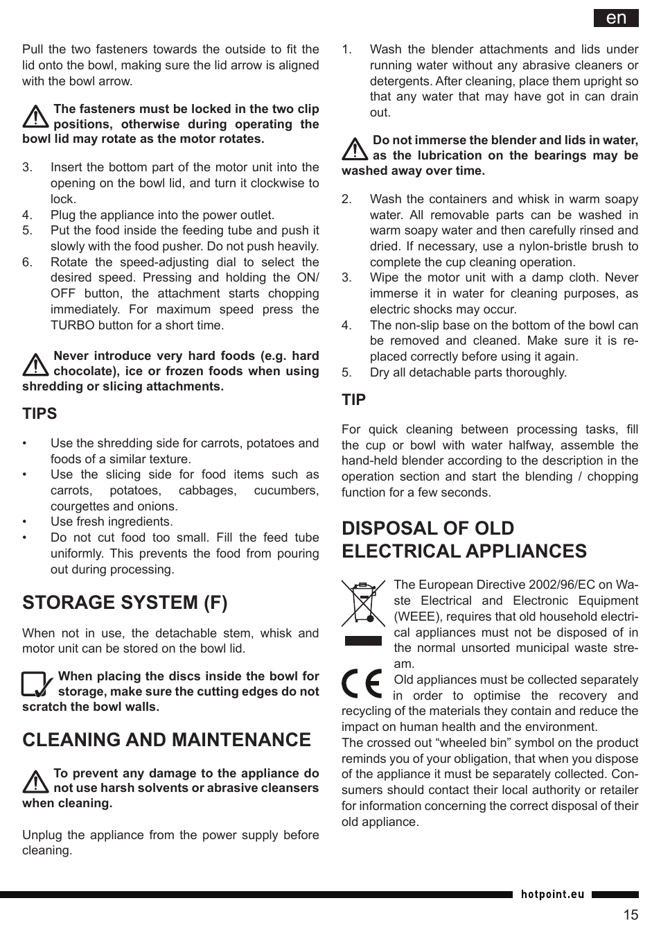 It en, Storage system (f), Cleaning and maintenance | Disposal of old electrical appliances | Hotpoint Ariston HB 0705 AX0 User Manual | Page 15 / 52