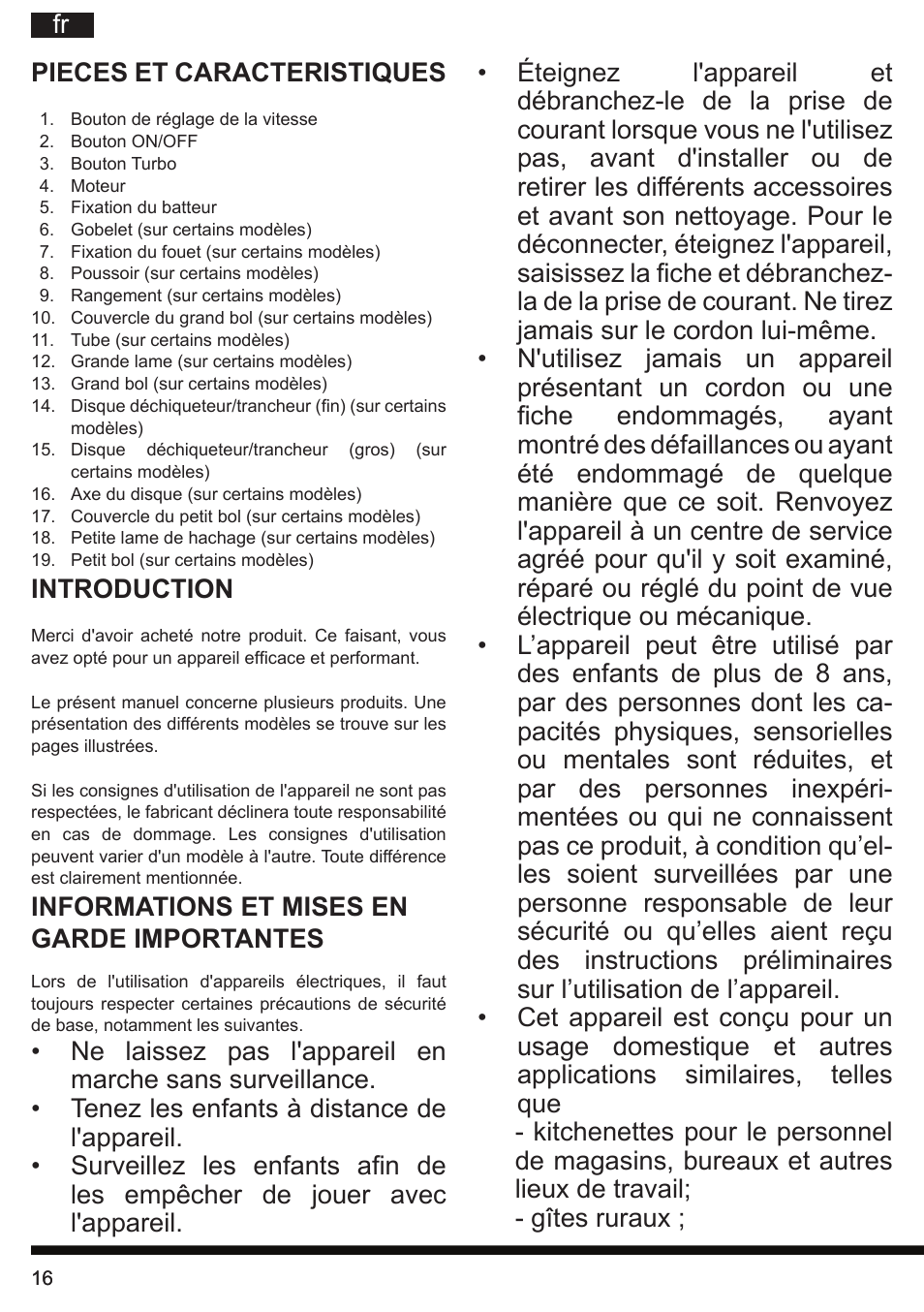 Fr pieces et caracteristiques, Introduction, Informations et mises en garde importantes | Hotpoint Ariston HB 0705 AX0 User Manual | Page 16 / 52