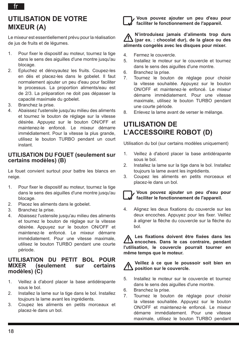 Fr utilisation de votre mixeur (a), Utilisation de l’accessoire robot (d) | Hotpoint Ariston HB 0705 AX0 User Manual | Page 18 / 52