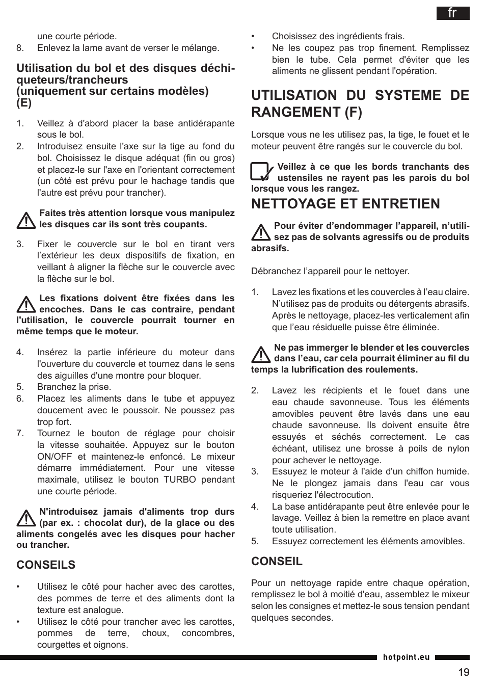 Utilisation du systeme de rangement (f), Nettoyage et entretien | Hotpoint Ariston HB 0705 AX0 User Manual | Page 19 / 52