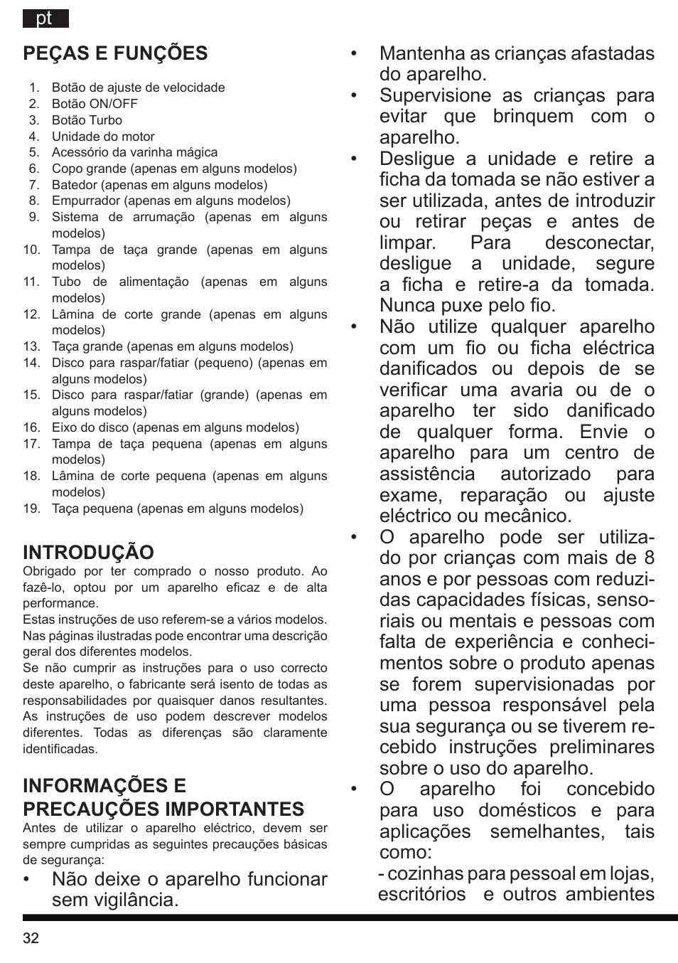 Pt peças e funções, Introdução, Informações e precauções importantes | Hotpoint Ariston HB 0705 AX0 User Manual | Page 32 / 52
